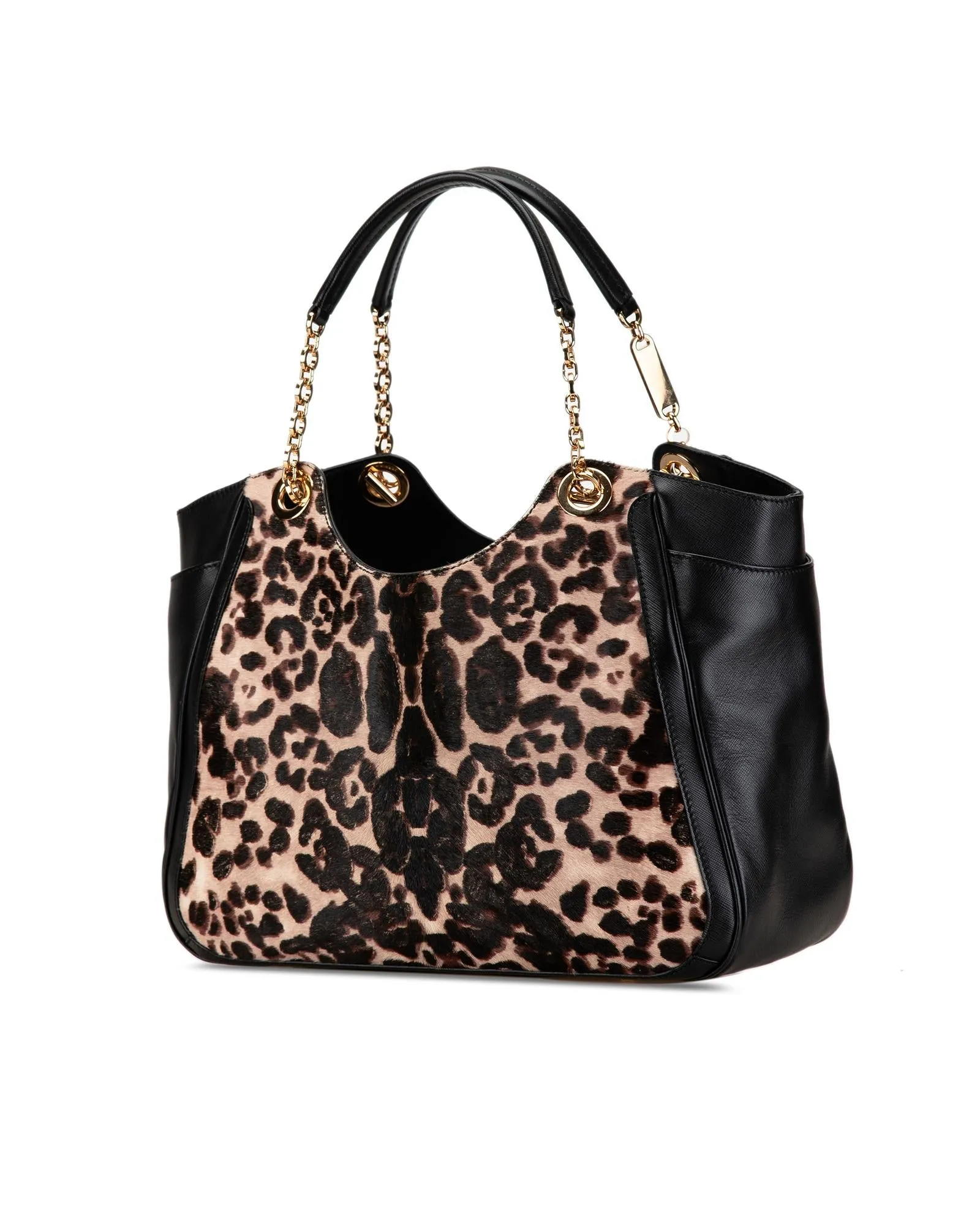 Leopard Print Pony Hair Tote with Leather Trim and Chain Handles