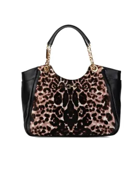 Leopard Print Pony Hair Tote with Leather Trim and Chain Handles