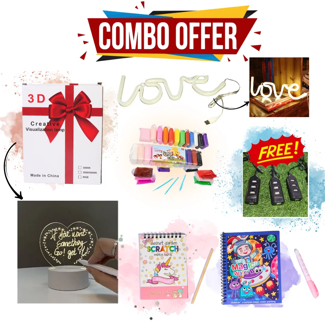 Love 5 in 1 Combo - 32cm Love Neon Light, 3D LED Message Board with Pen, Pack of 12 Air Dry Clay, Mini Scratch Book, Water Magic Book, Free 4 in 1 USB Hub