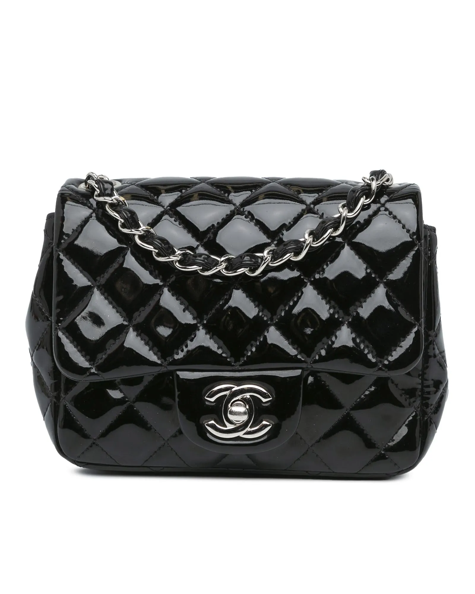 Mini Square Classic Patent Single Flap Bag with Quilted Leather and Twist Lock Closure