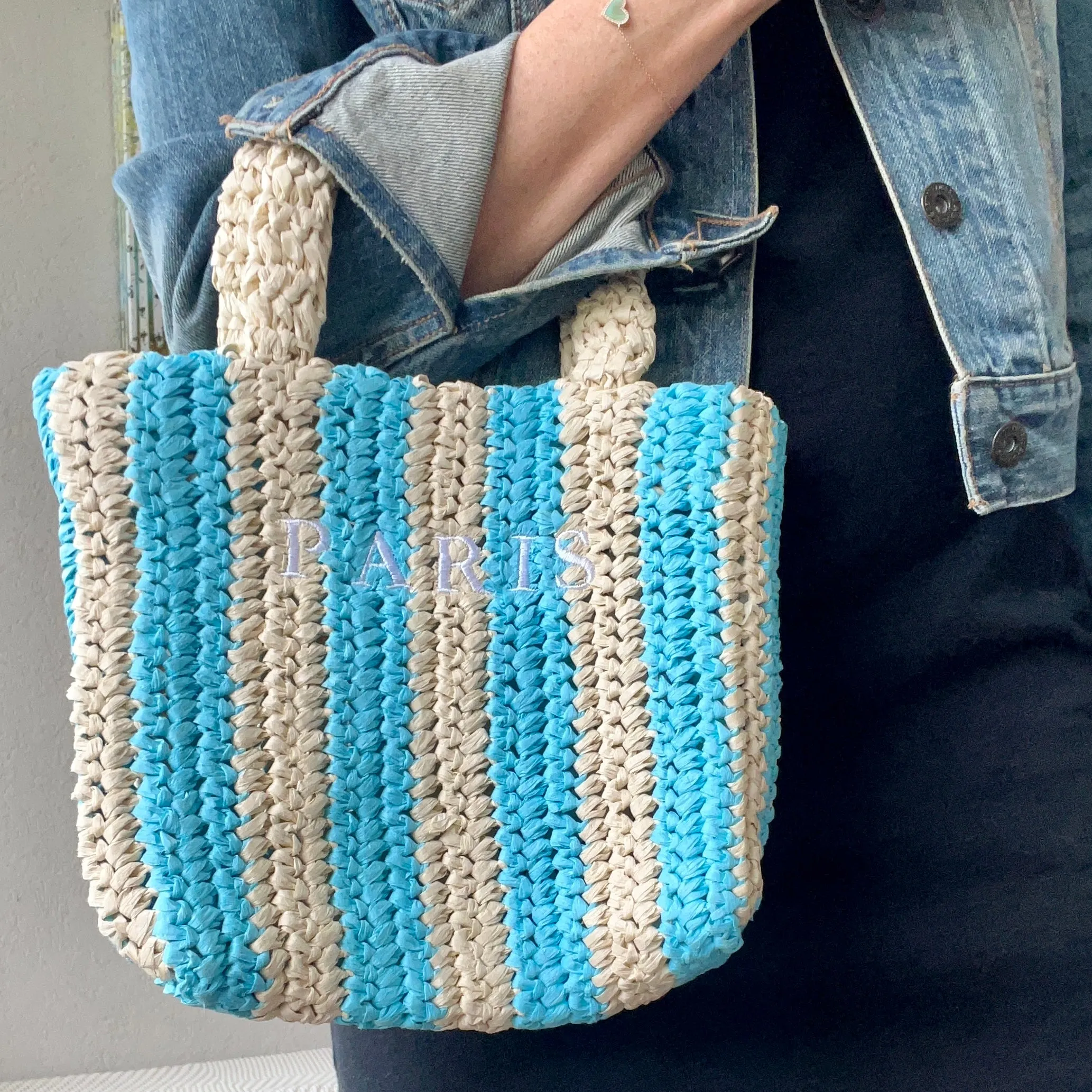 Paris Embroidery Straw Blue Striped Handle Mini Tote
