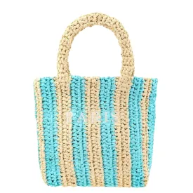Paris Embroidery Straw Blue Striped Handle Mini Tote