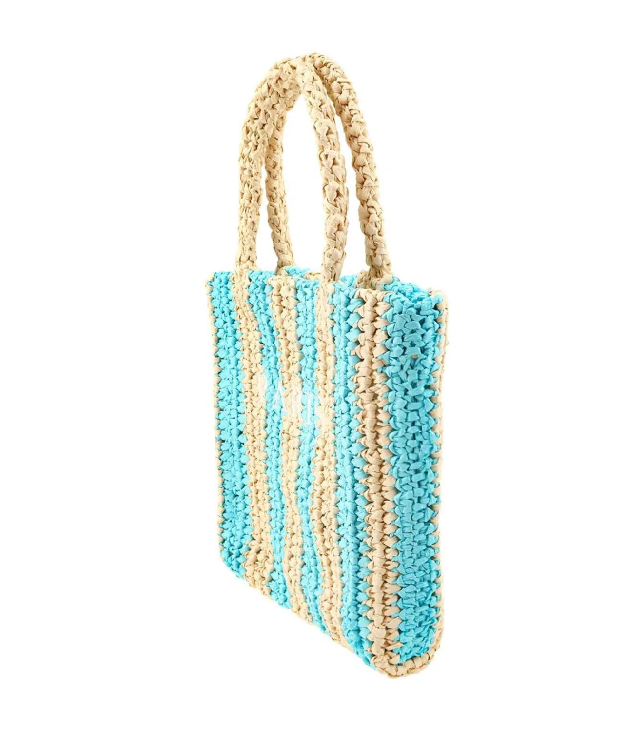 Paris Embroidery Straw Blue Striped Handle Mini Tote