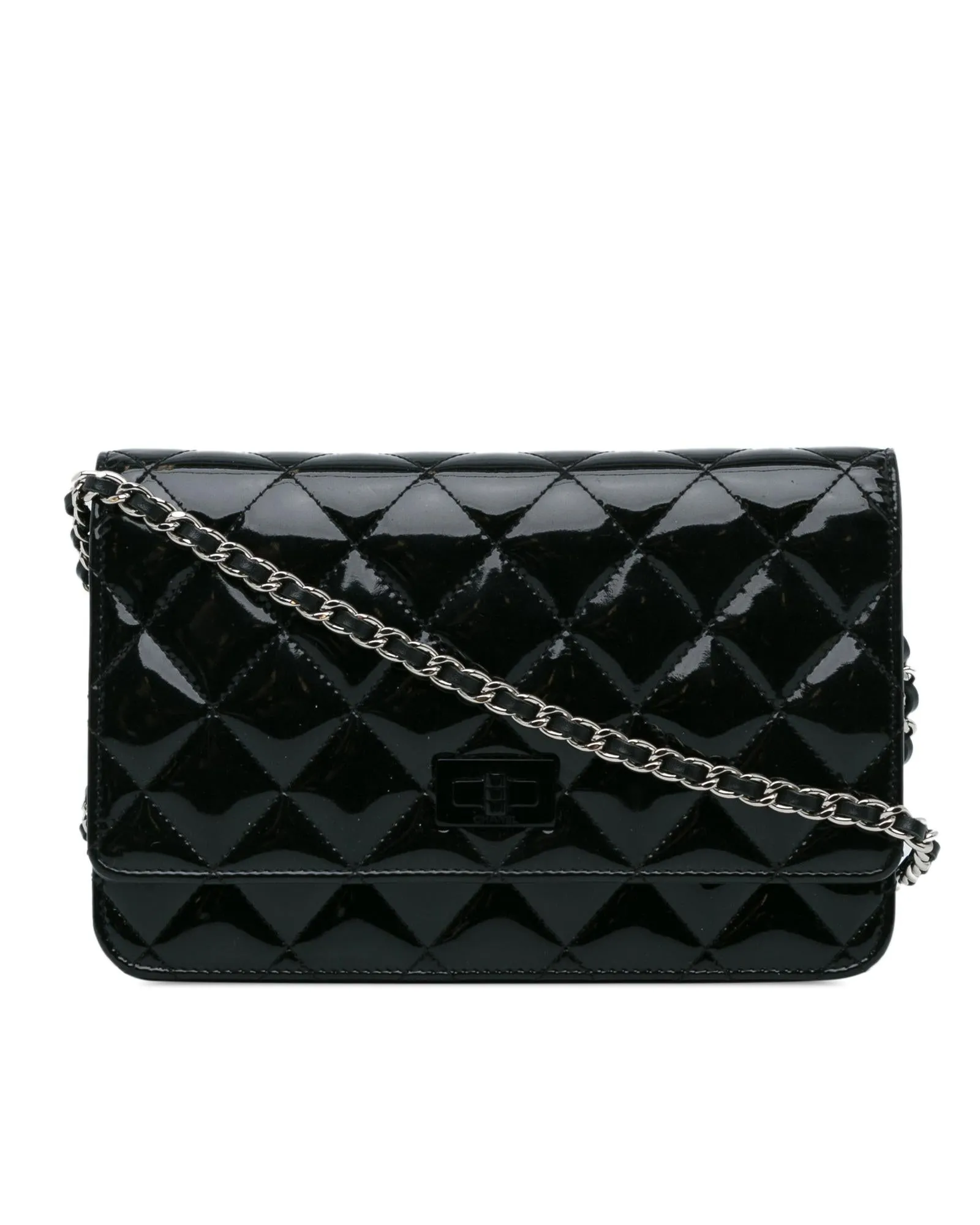 Patent Leather Quilted Wallet on Chain with Twist Lock Closure