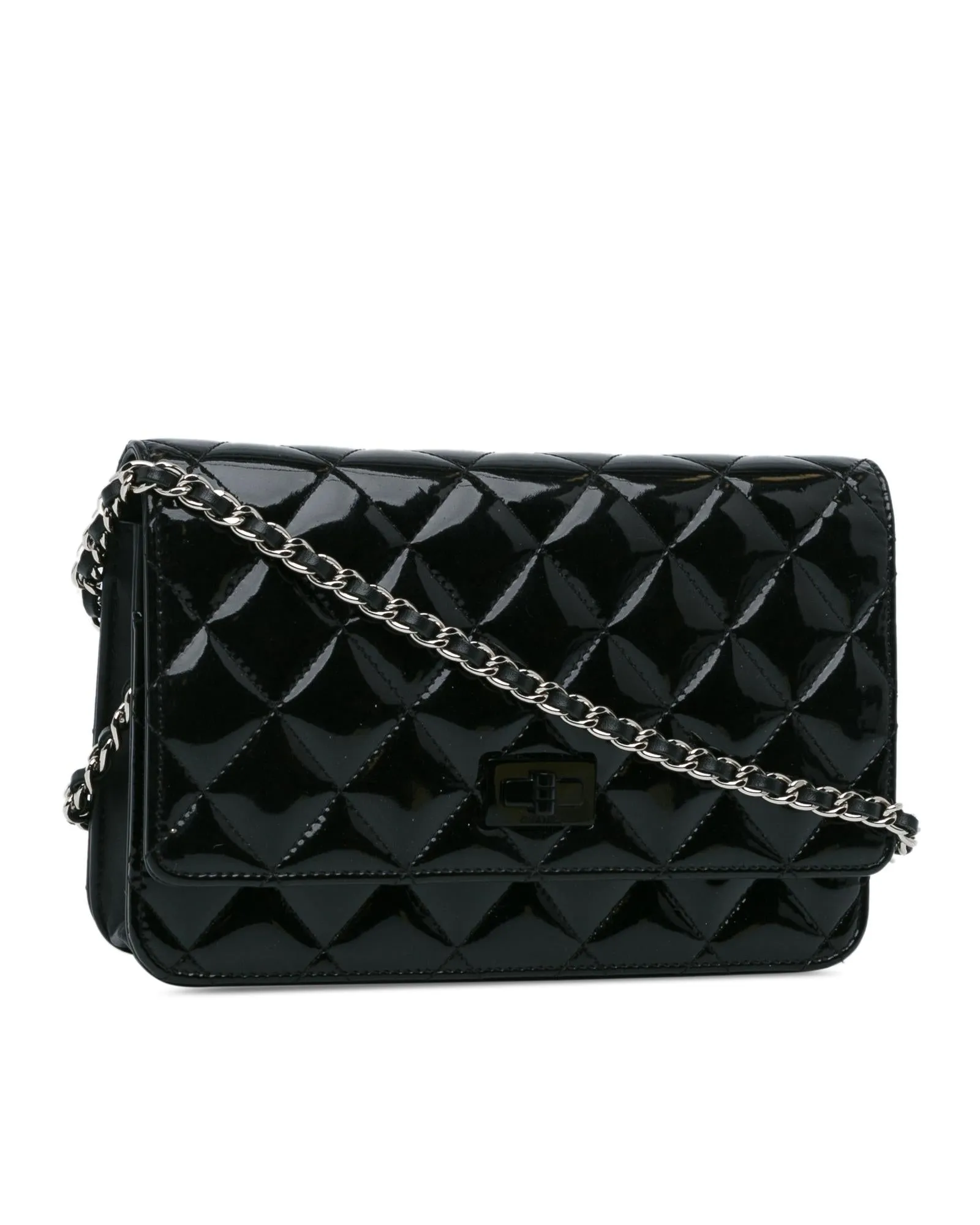 Patent Leather Quilted Wallet on Chain with Twist Lock Closure