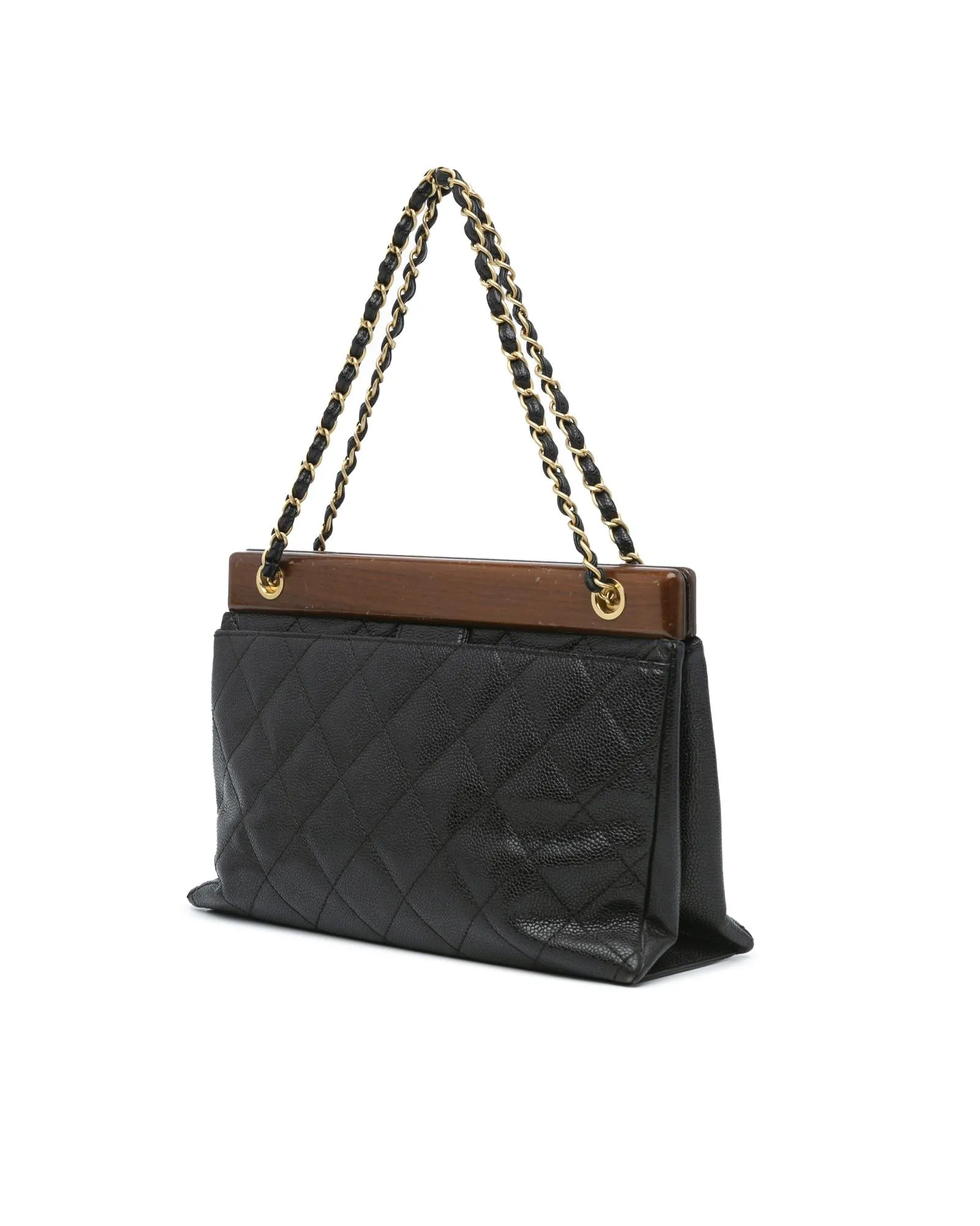 Quilted Leather Wood Chain Shoulder Bag with Exterior Back Pocket