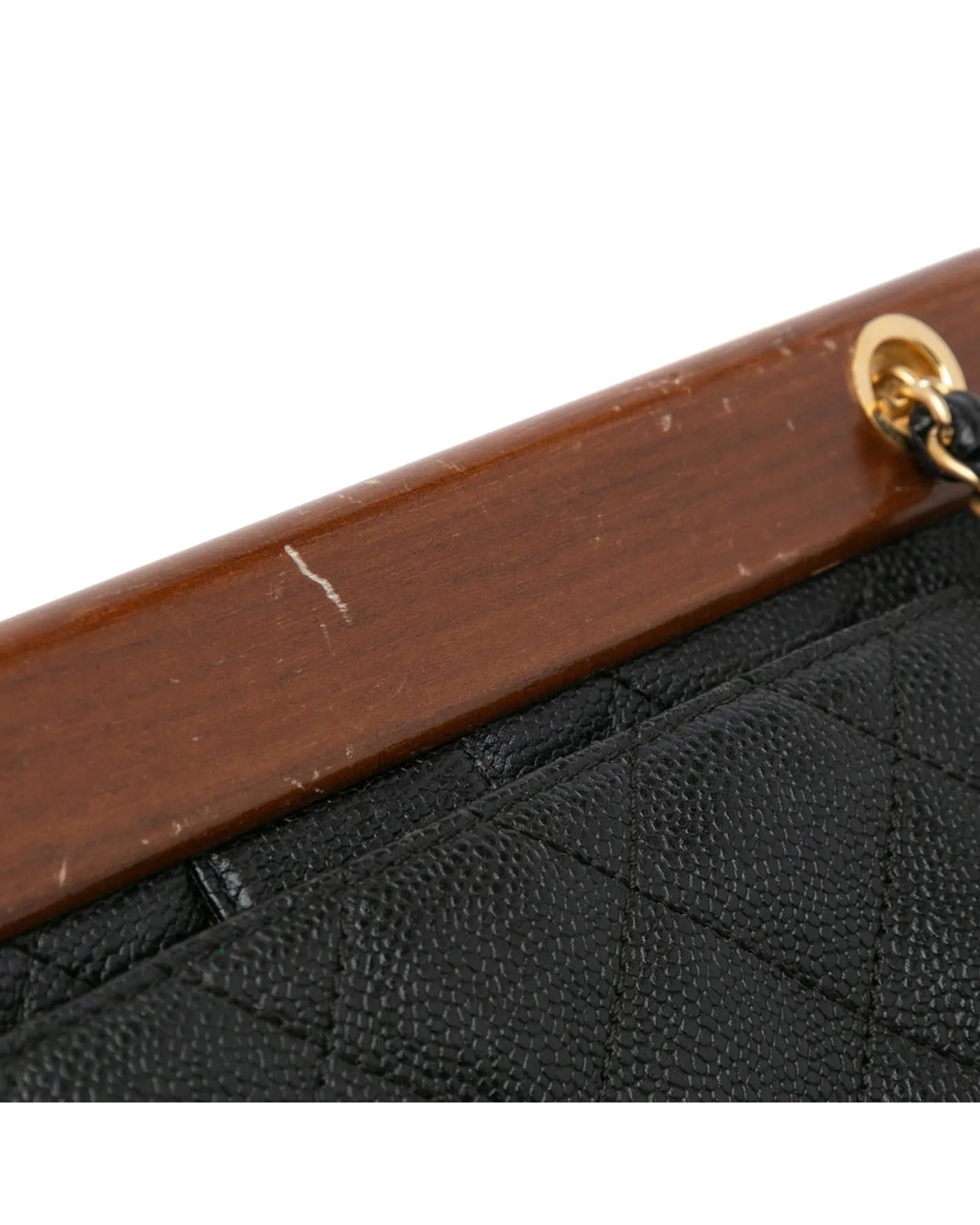 Quilted Leather Wood Chain Shoulder Bag with Exterior Back Pocket
