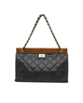Quilted Leather Wood Chain Shoulder Bag with Exterior Back Pocket