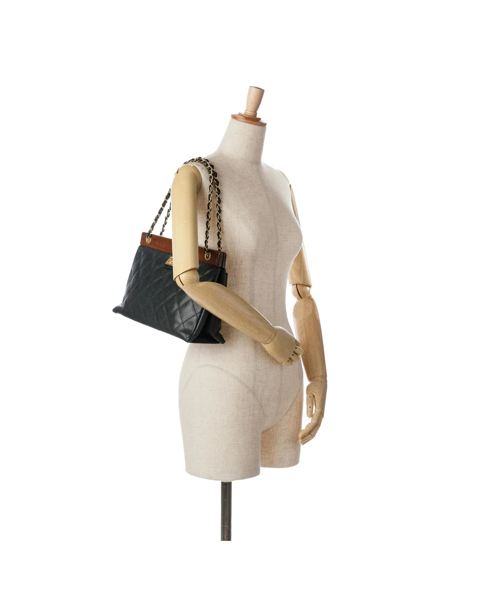 Quilted Leather Wood Chain Shoulder Bag with Exterior Back Pocket