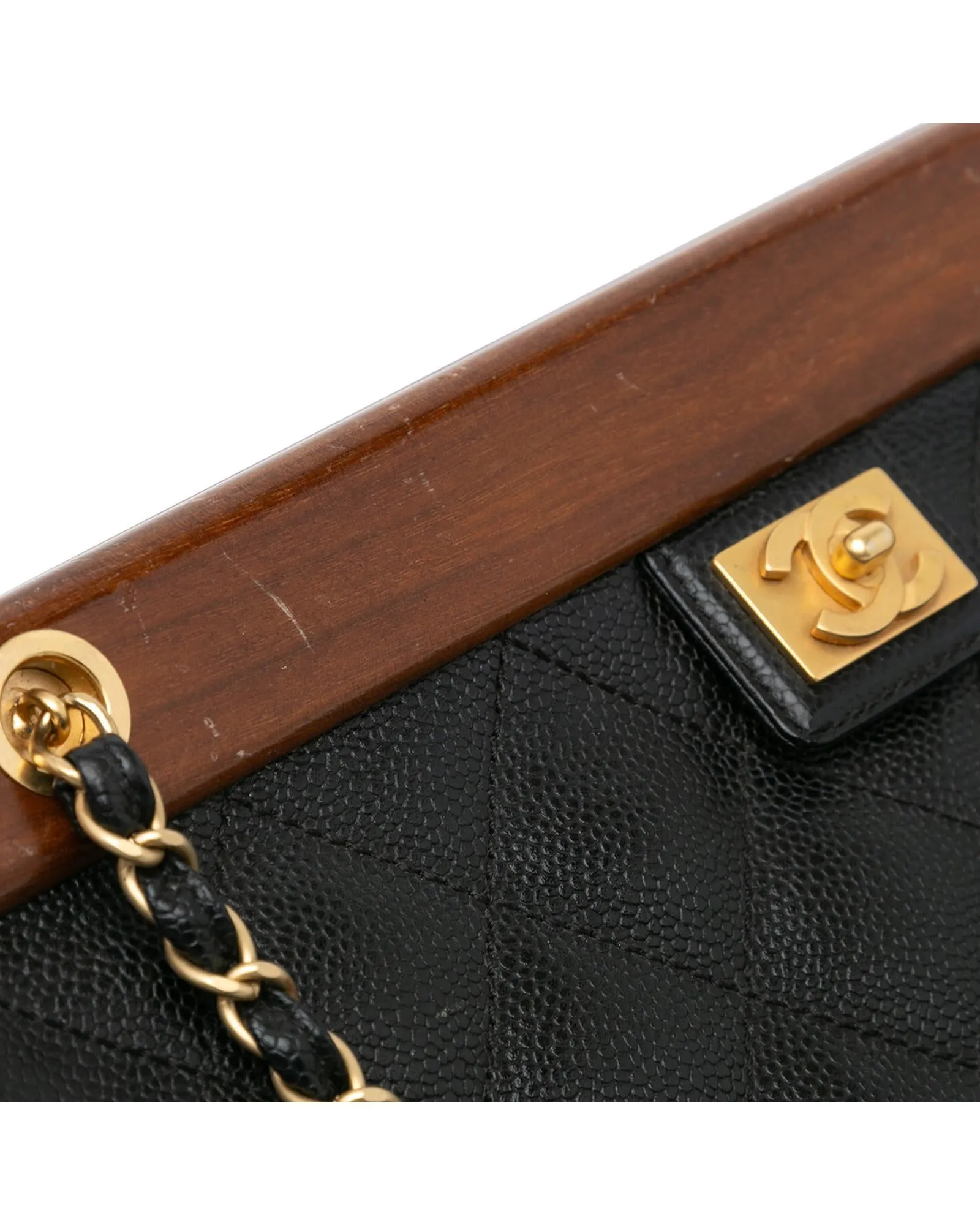 Quilted Leather Wood Chain Shoulder Bag with Exterior Back Pocket