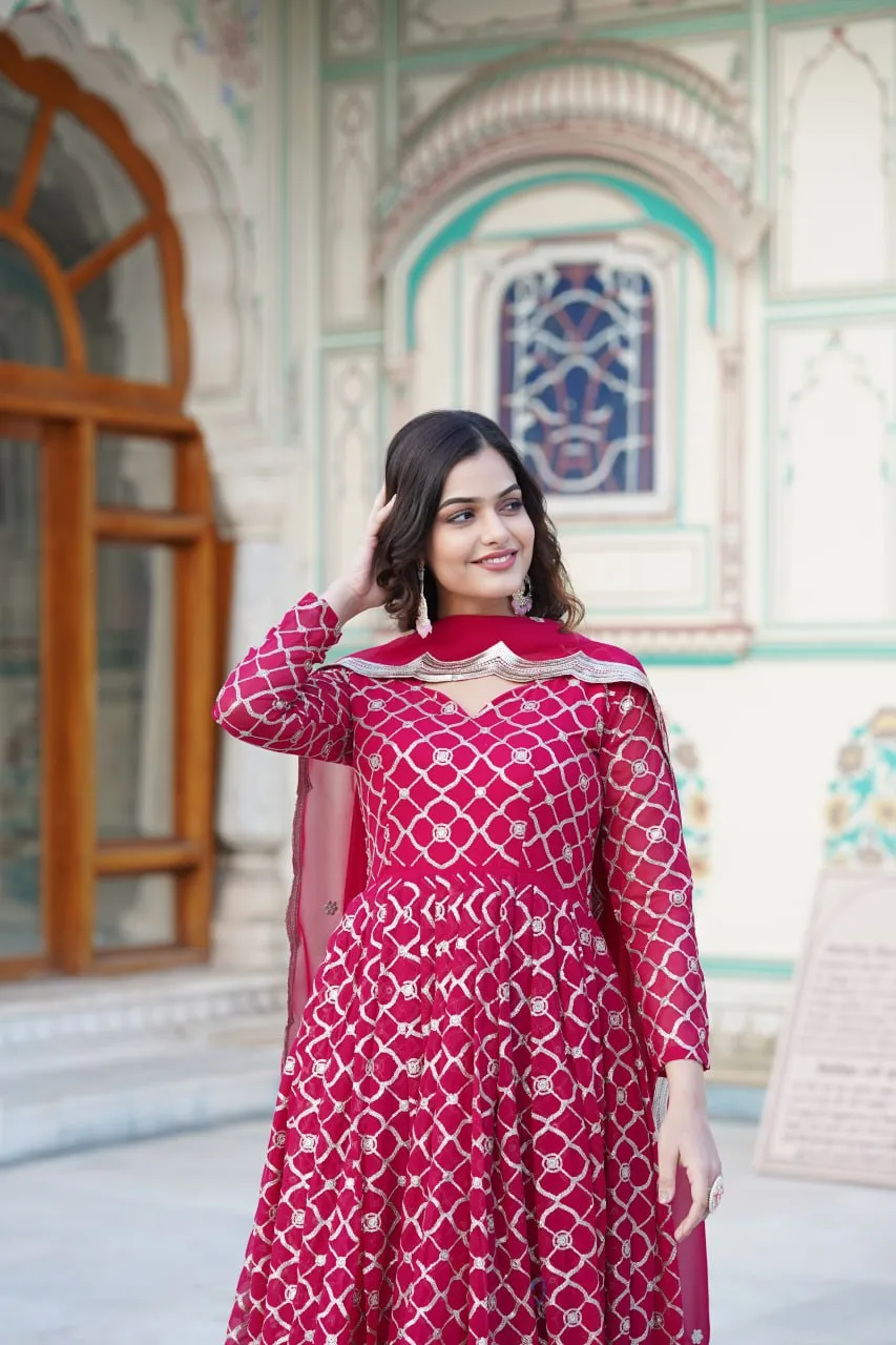 Rani Pink Embroidered Faux Blooming Gown with Sequin Dupatta