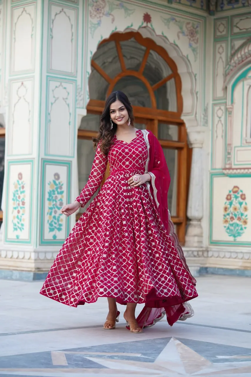 Rani Pink Embroidered Faux Blooming Gown with Sequin Dupatta