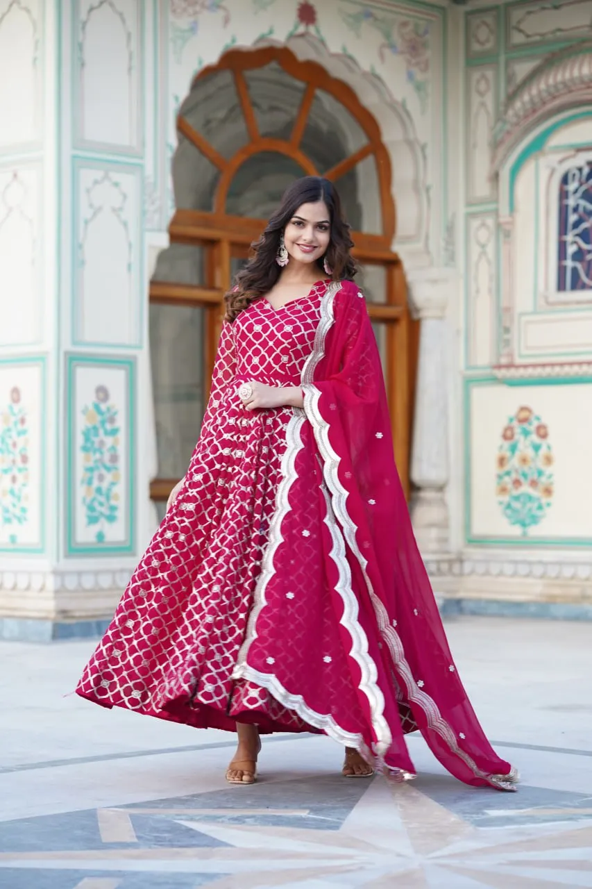Rani Pink Embroidered Faux Blooming Gown with Sequin Dupatta