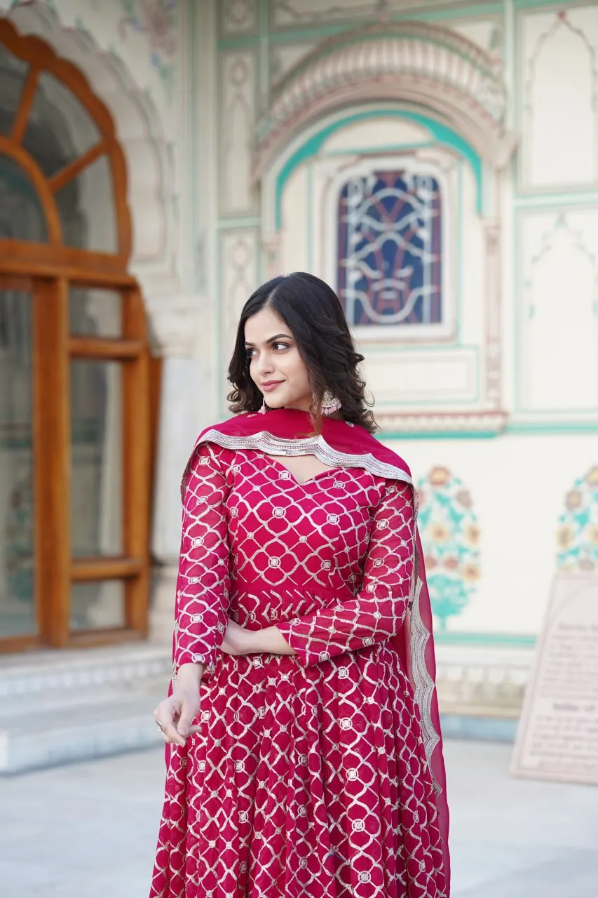Rani Pink Embroidered Faux Blooming Gown with Sequin Dupatta