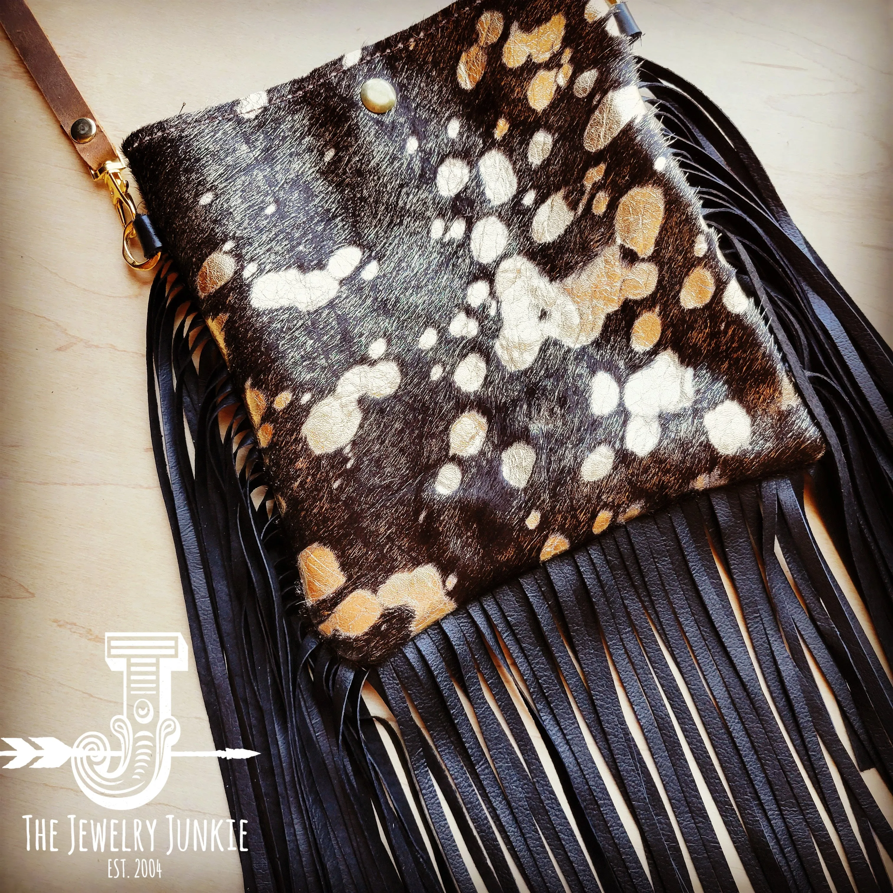 **Small Crossbody Handbag w/ Brown Metallic Leather Full Fringe 507g