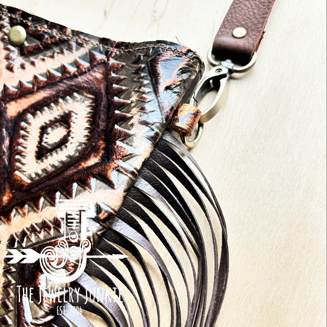 **Small Crossbody Handbag w/ Copper Aztec Leather Full Fringe 513f