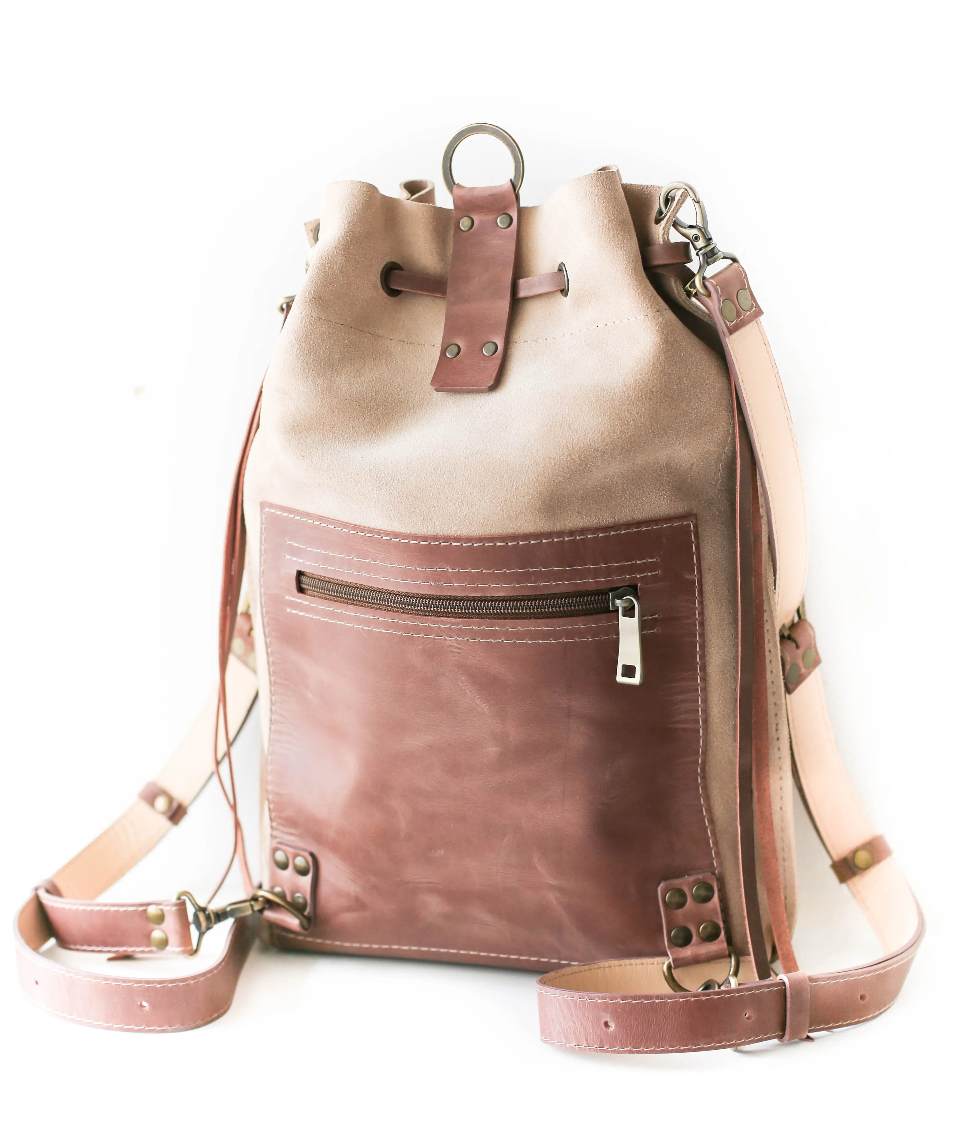 Taupe Leather Drawstring Backpack Purse