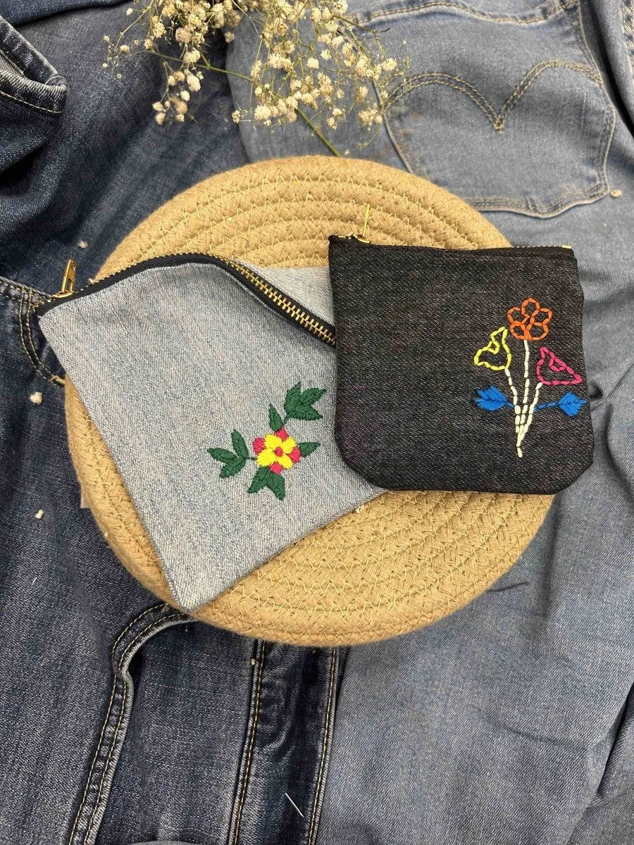 Upcycled Denim Pocket and Pouch Combo | Hand Embroidered