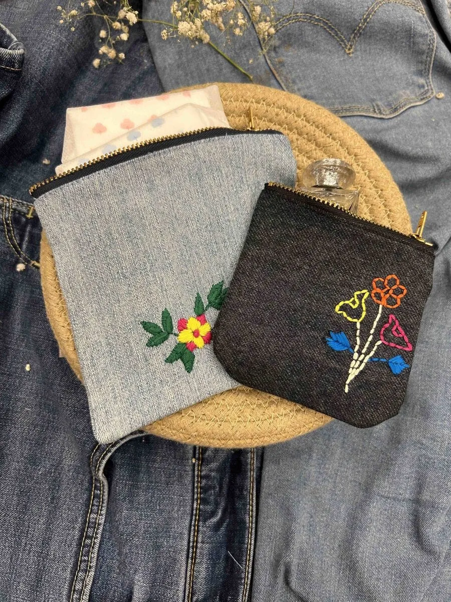 Upcycled Denim Pocket and Pouch Combo | Hand Embroidered
