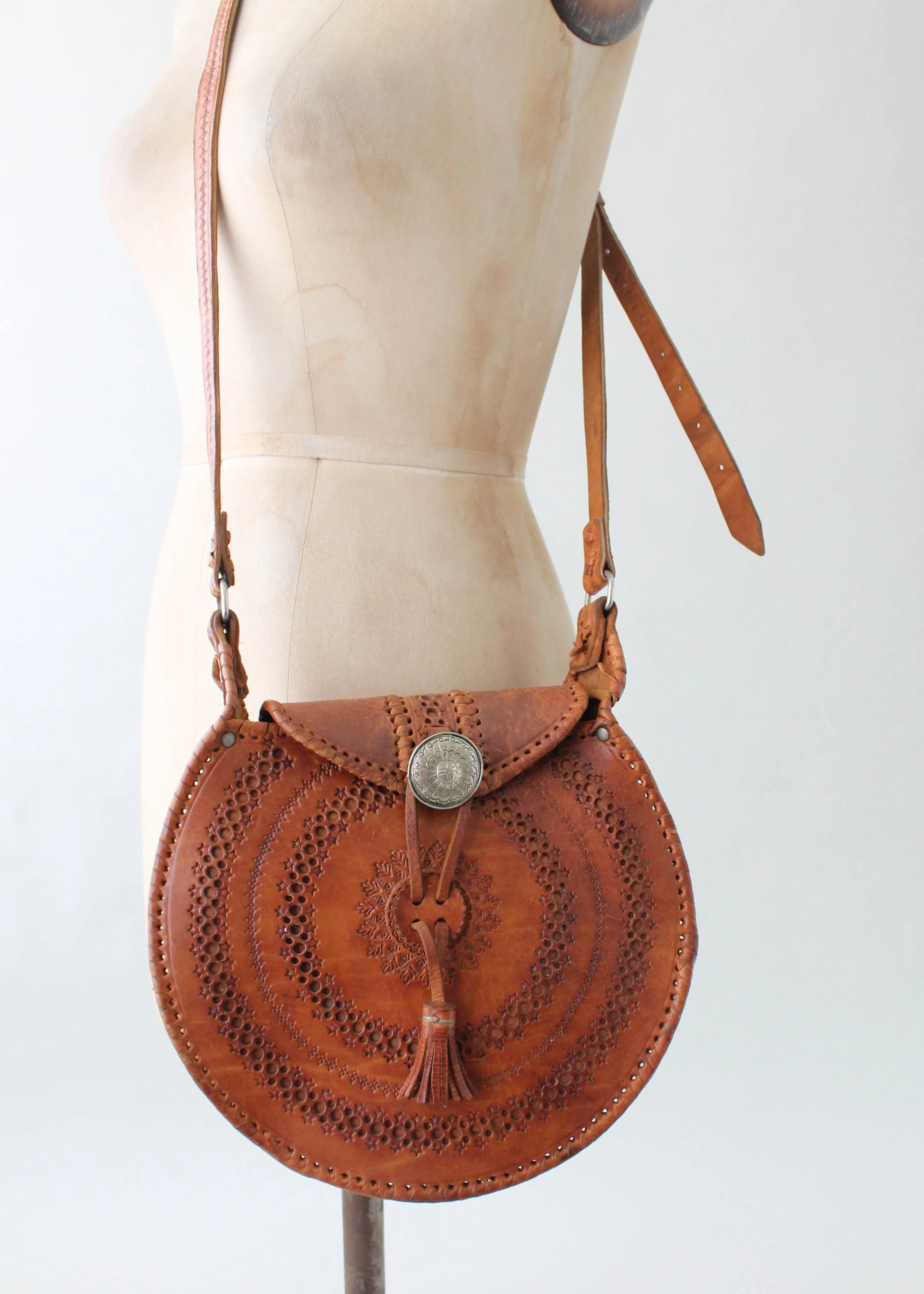 Vintage 1970s Moroccan Tooled Leather Round Purse