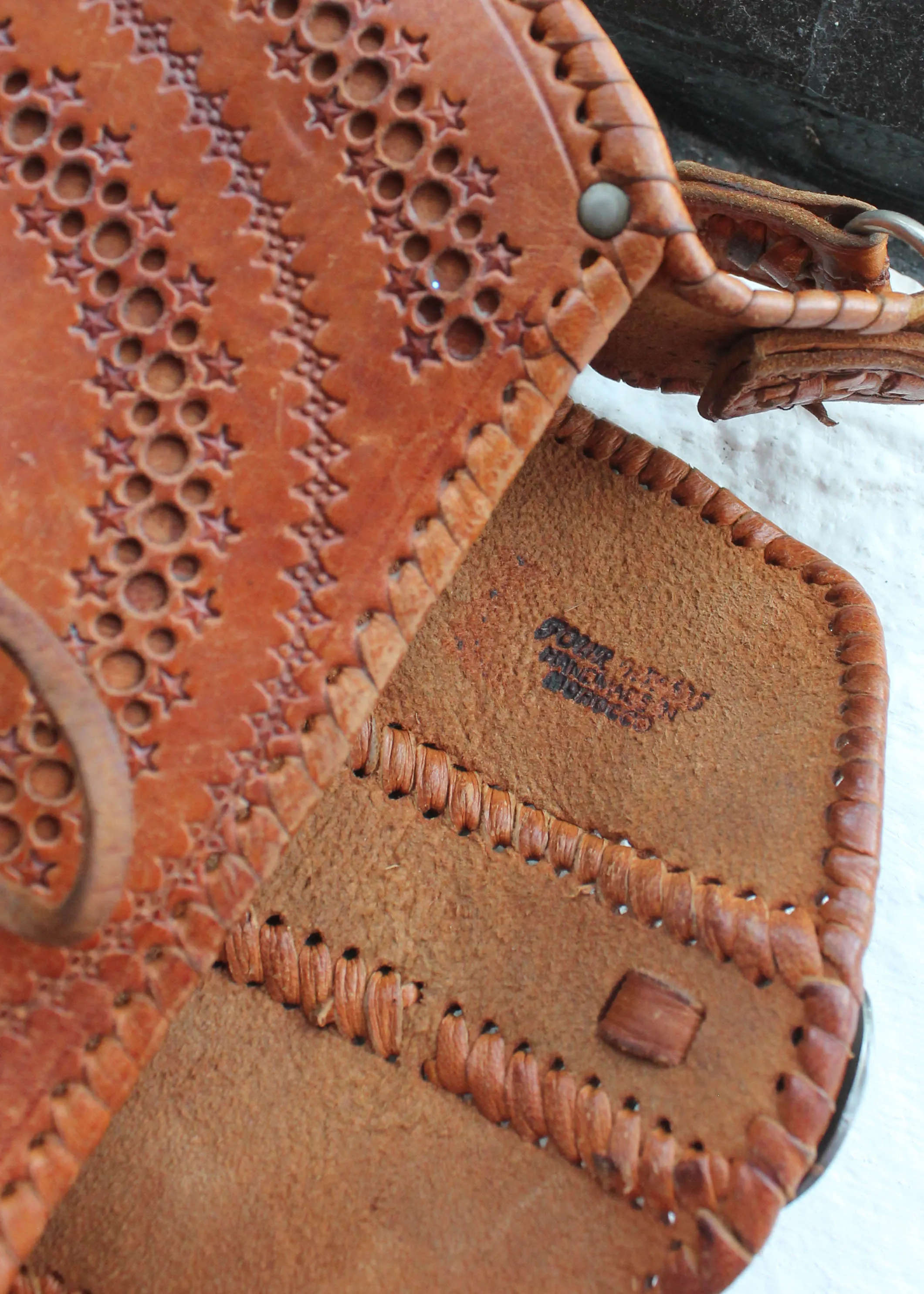 Vintage 1970s Moroccan Tooled Leather Round Purse