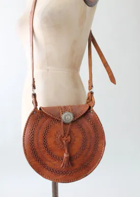 Vintage 1970s Moroccan Tooled Leather Round Purse