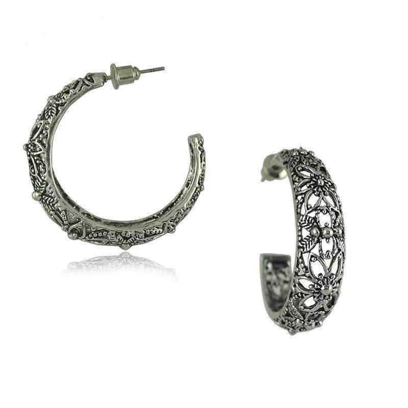 Vintage Silver Boho Hoop Earrings
