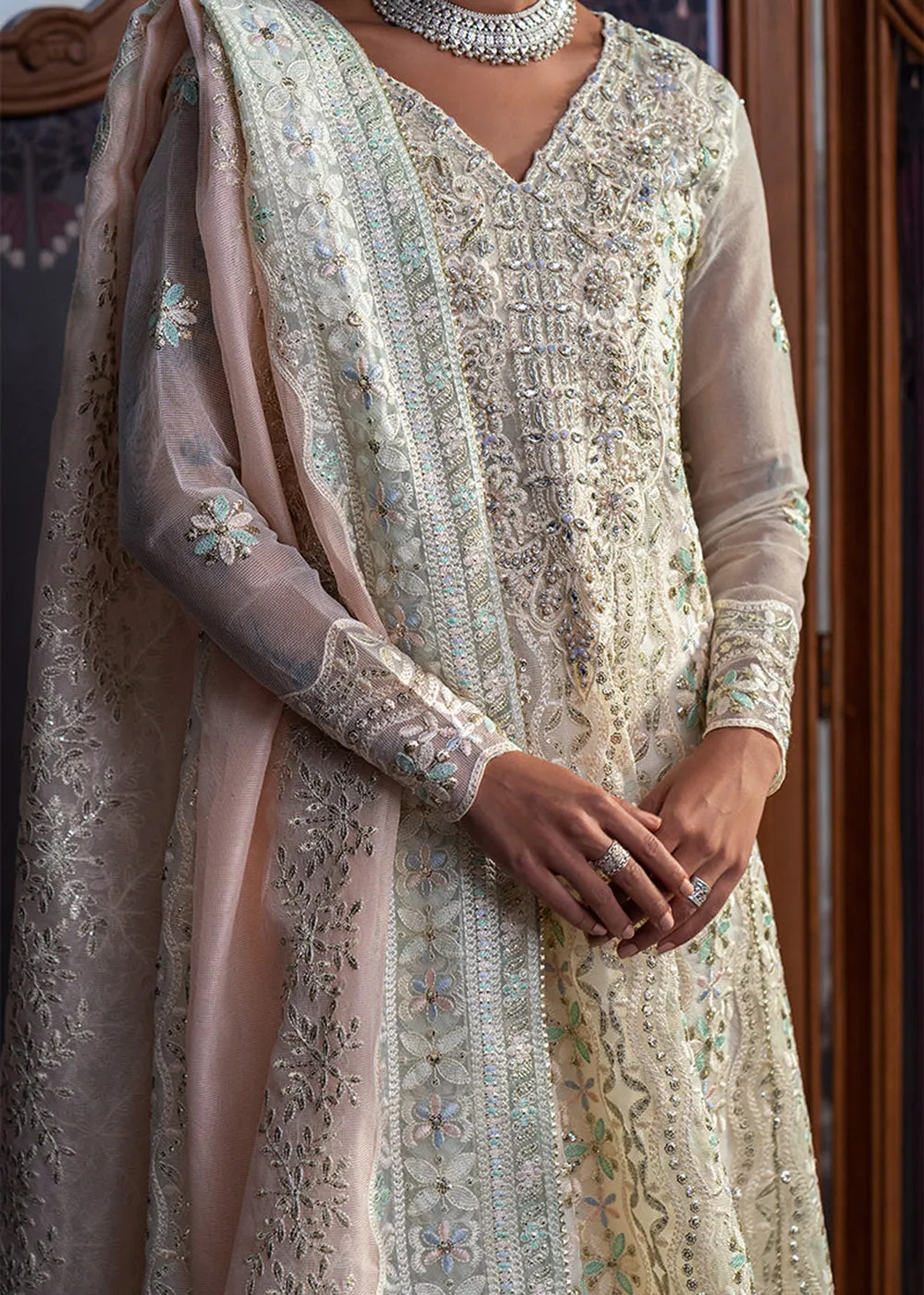 White Organza Net Pakistani Suit | Mushq | Qala Kamdaani | Aaila