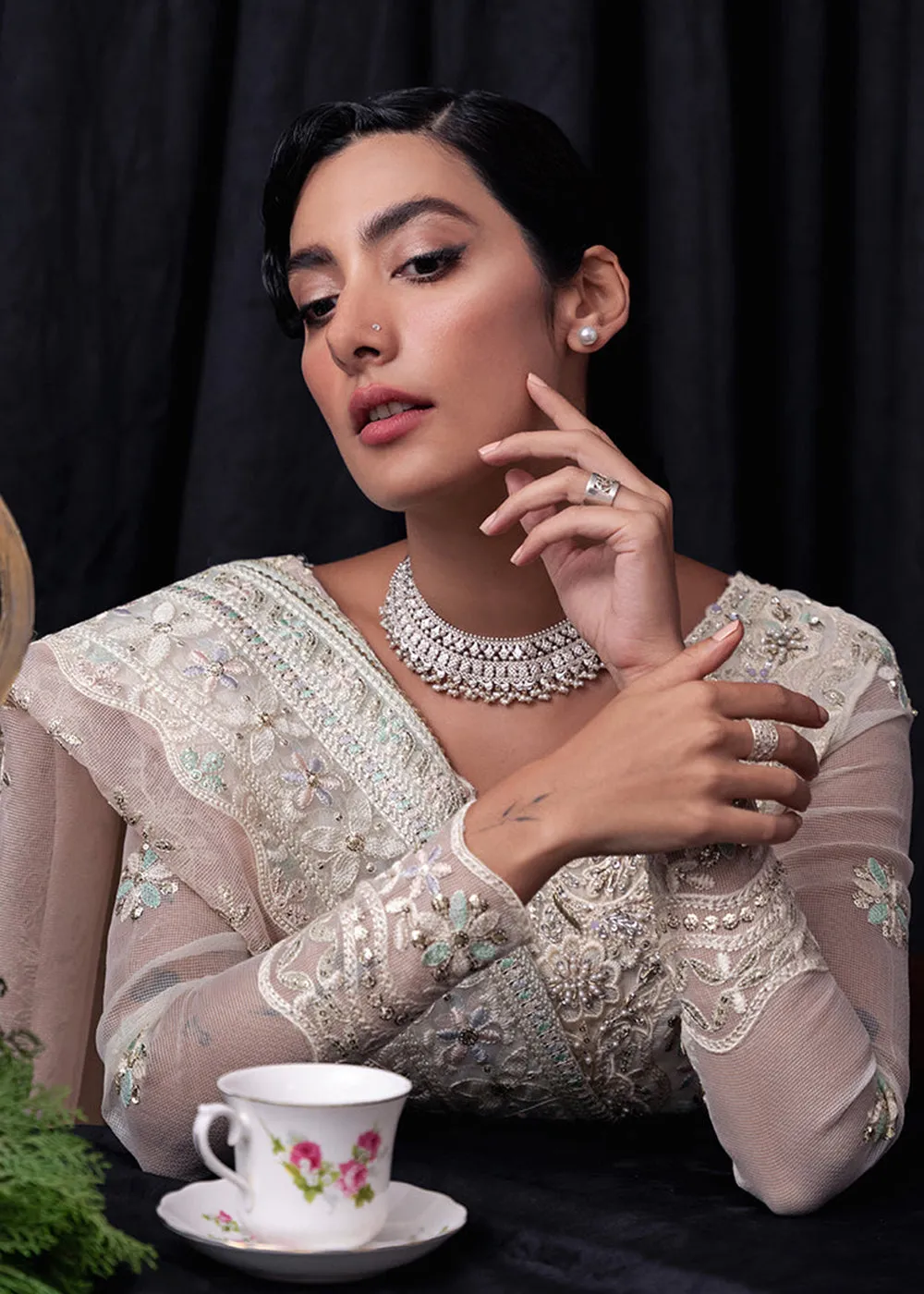 White Organza Net Pakistani Suit | Mushq | Qala Kamdaani | Aaila