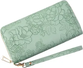 Womens Wallet RFID Wristlet Wallet for Women Cute Floral Leather Credit Card Holder Wallet Ladies Clutch Long Purses