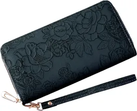 Womens Wallet RFID Wristlet Wallet for Women Cute Floral Leather Credit Card Holder Wallet Ladies Clutch Long Purses