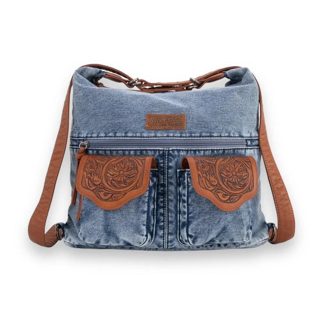 Wrangler Floral Tooled Denim Hobo/Crossbody Backpack (Convertible ) Jean