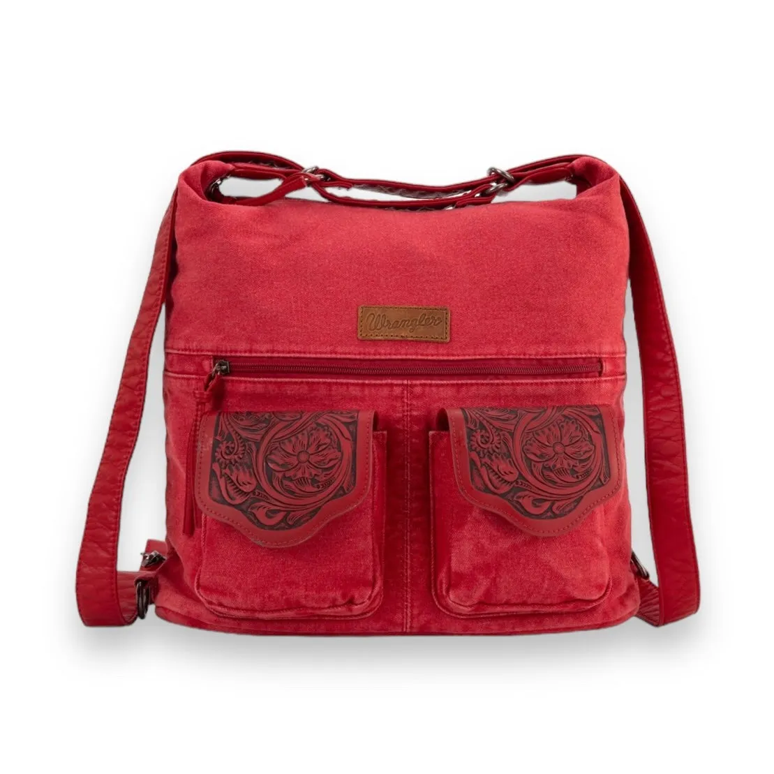 Wrangler Floral Tooled Denim Hobo/Crossbody Backpack (Convertible ) Red